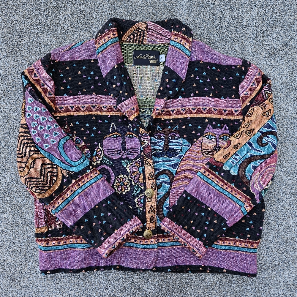 Laurel Burch Cat Tapestry Jacket Heavy Knit Sweater Rare Vintage Womens Size XL - Picture 11 of 16